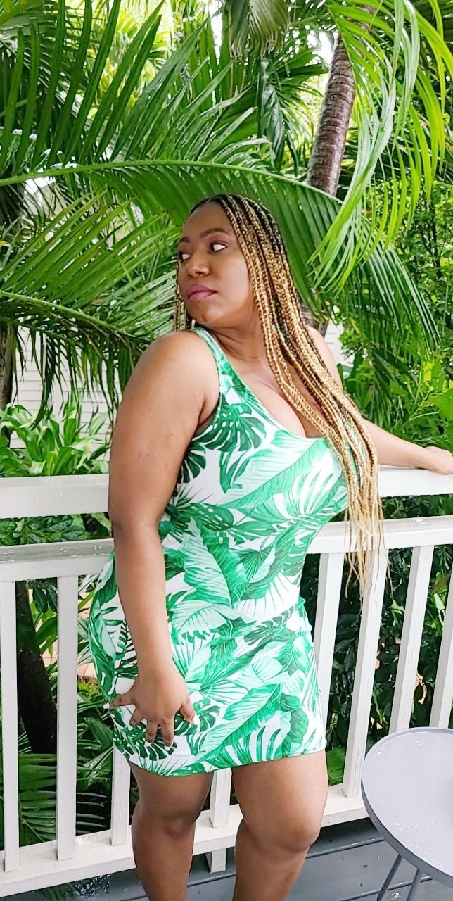 "Tropical Goddess" Printed Dress - White / Green Combo