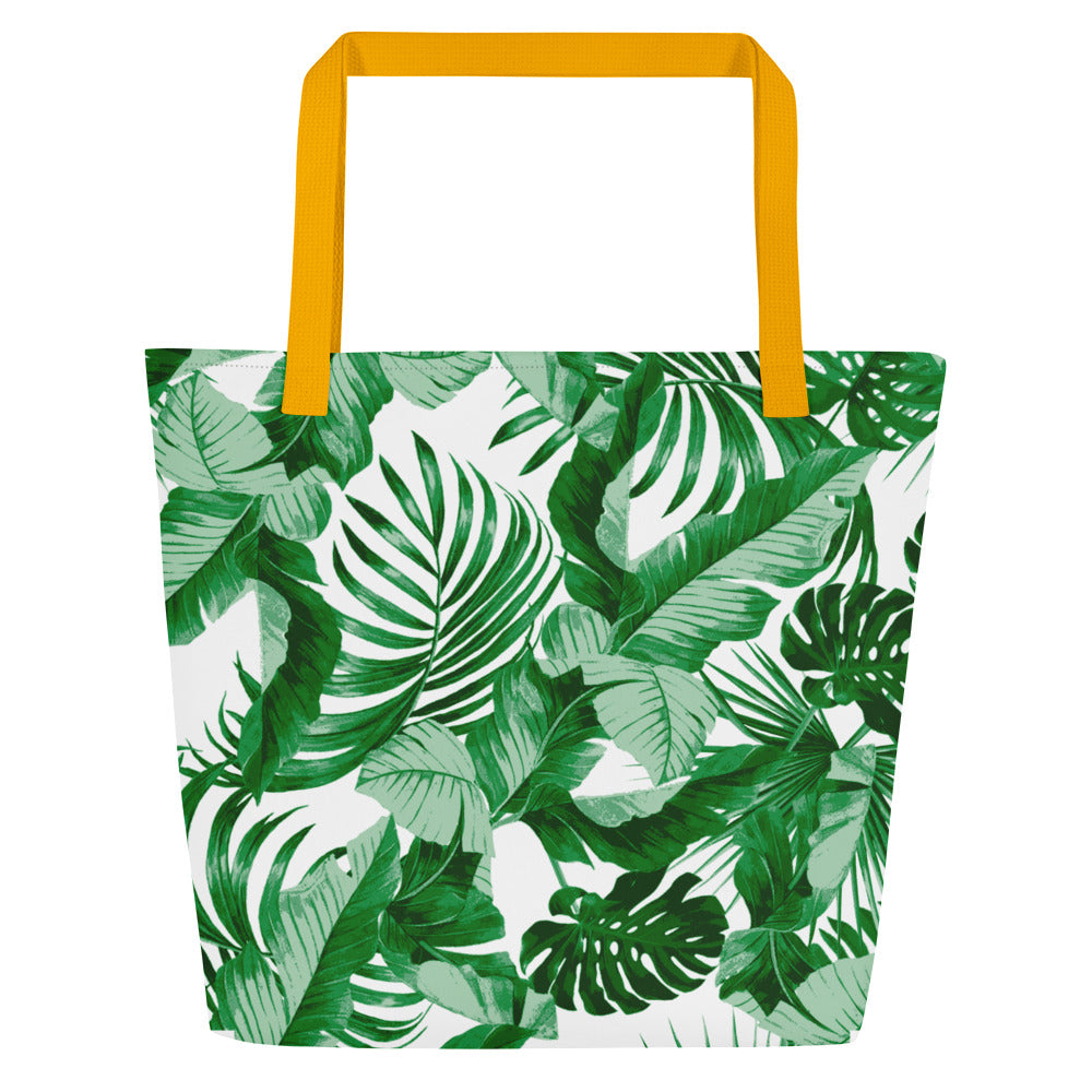 "Tropical Goddess" All-Over Print Large Tote Bag- White / Green