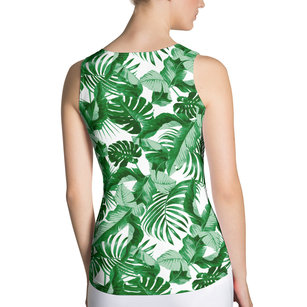 "Tropical Goddess" Printed Tank Top-White / Green Combo