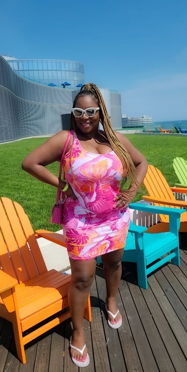 " Sunset Goddess" Printed Dress- Fuchsia / Orange Combo