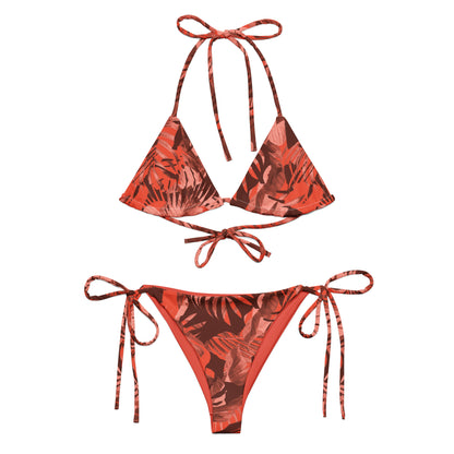 "Earth Goddess" All-over Printed recycled string bikini-Brown / Orange / Coral Combo