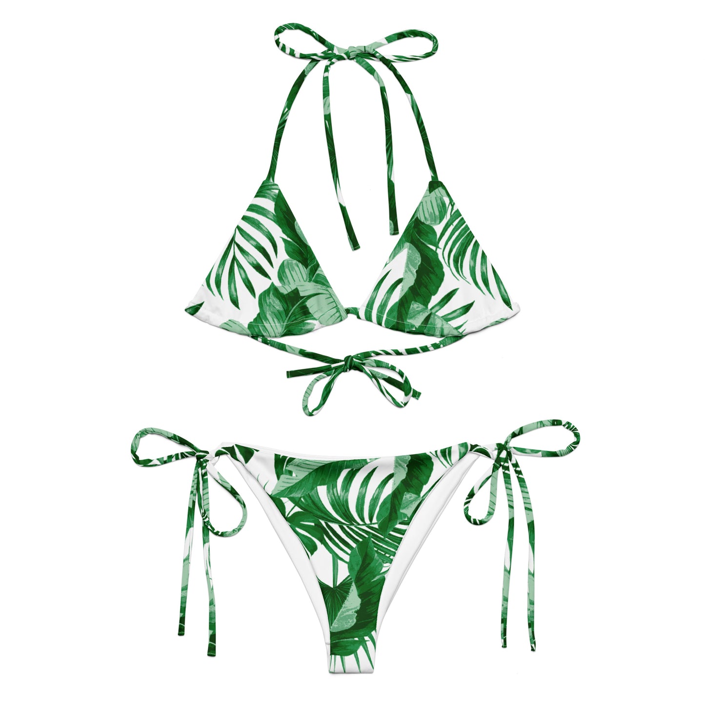 "Tropical Goddess" Allover Printed recycled string bikini-White / Green Combo